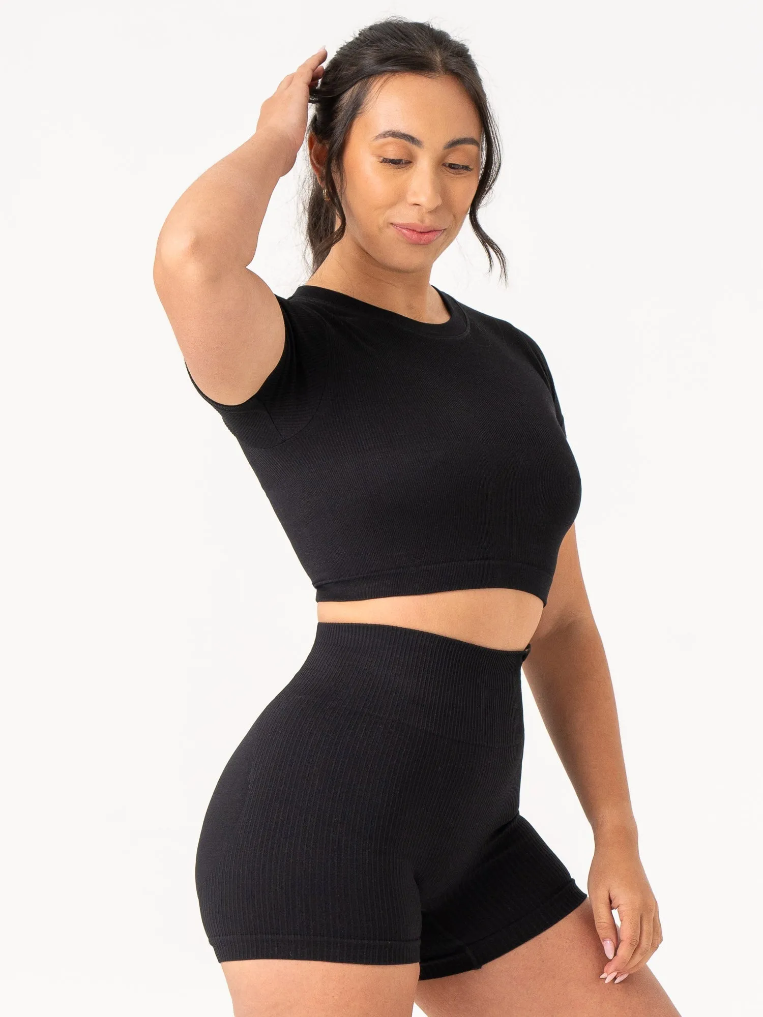 Raw Hem Finish Rib Seamless T-Shirt - Black