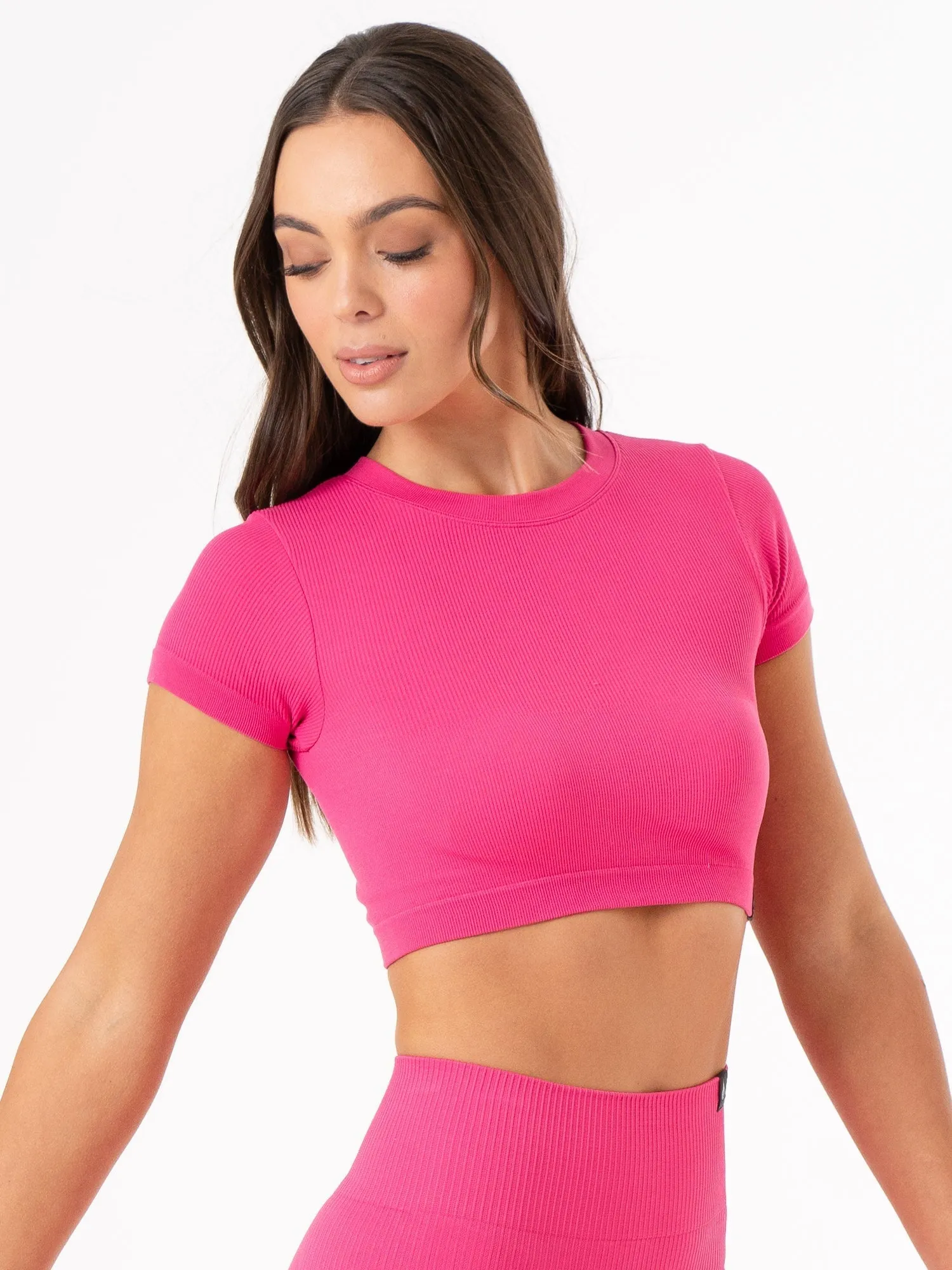 Durable Material Rib Seamless T-Shirt - Hot Pink