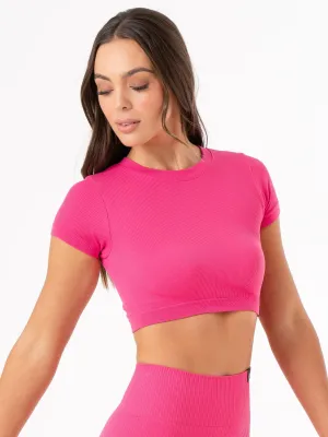Durable Material Rib Seamless T-Shirt - Hot Pink