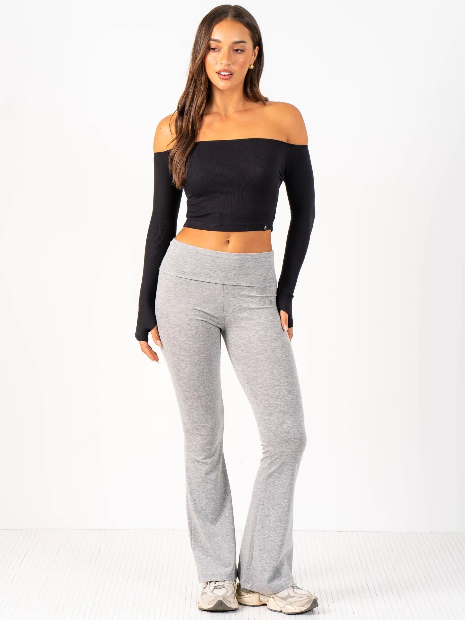 Ribbed Off Shoulder Long Sleeve Top - Black Multi Way Adjustable Fit Bonded Seam Construction