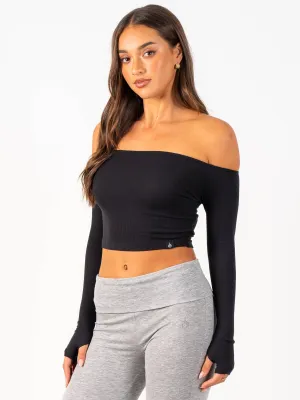 ComfortStretchFit Non Restrictive Mobility Ribbed Off Shoulder Long Sleeve Top - Black