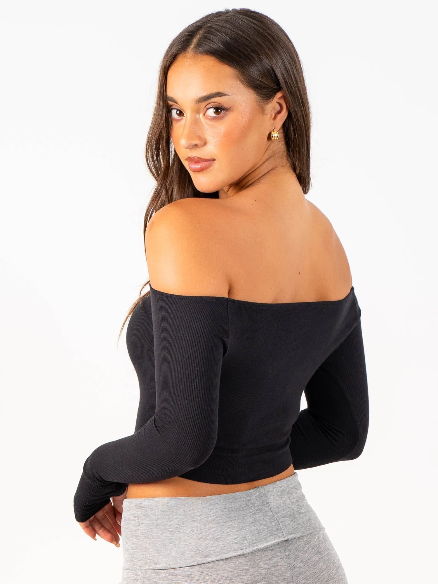 Ribbed Off Shoulder Long Sleeve Top - Black ButtonDownCollar