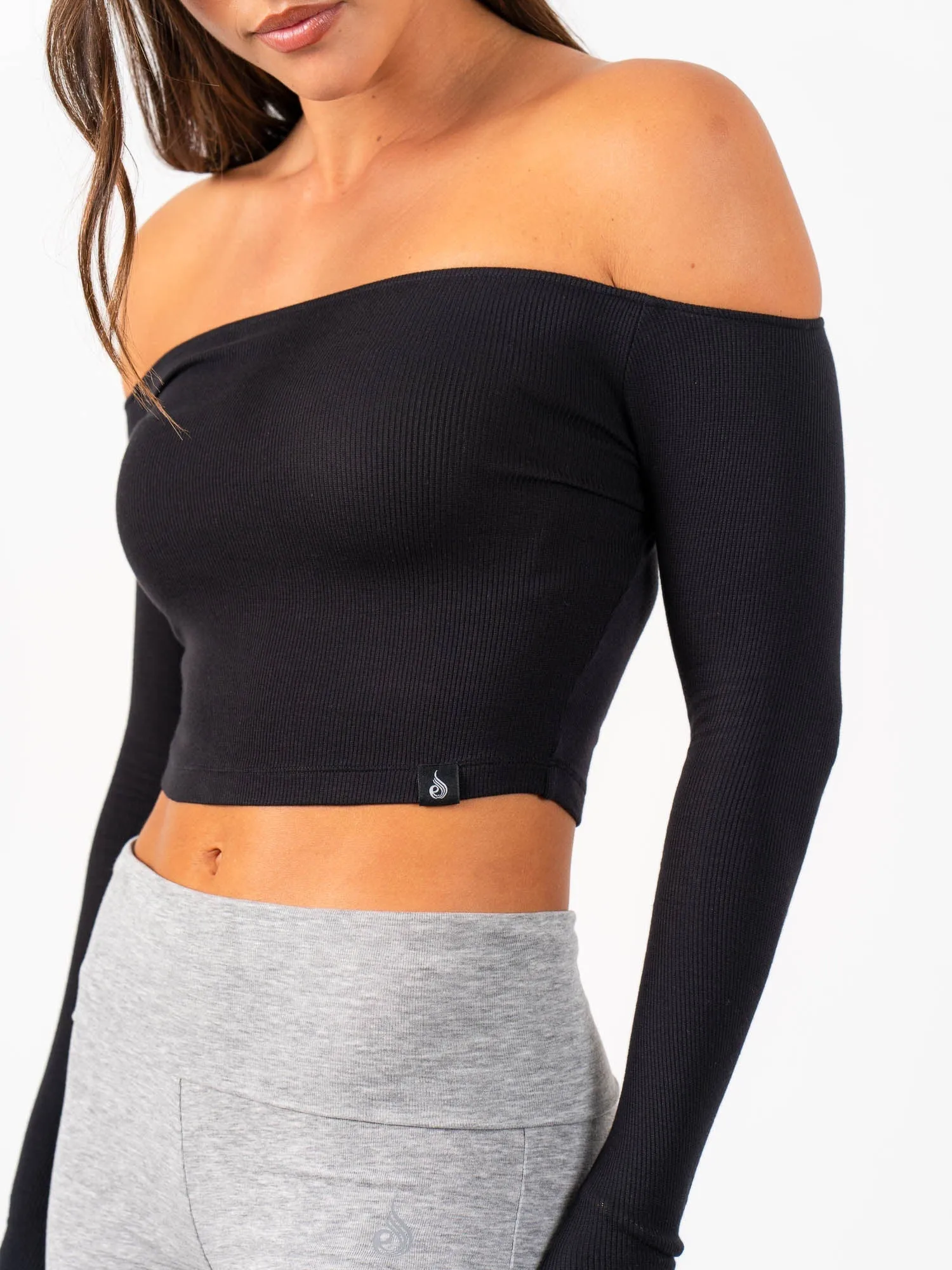 Ribbed Off Shoulder Long Sleeve Top - Black EcoFriendlyTexture