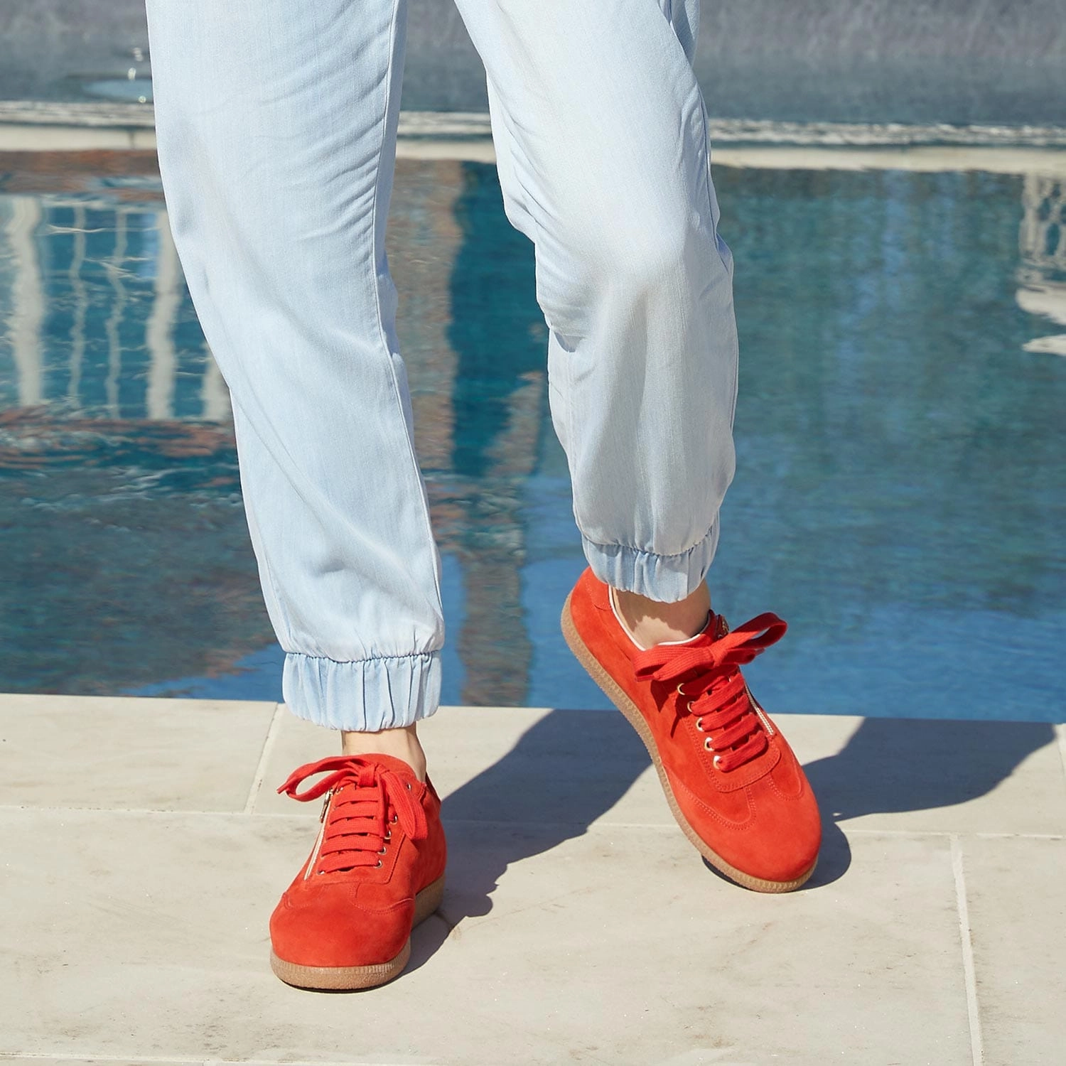 Pixie: Coral Red Suede Stretch Step Relax Days