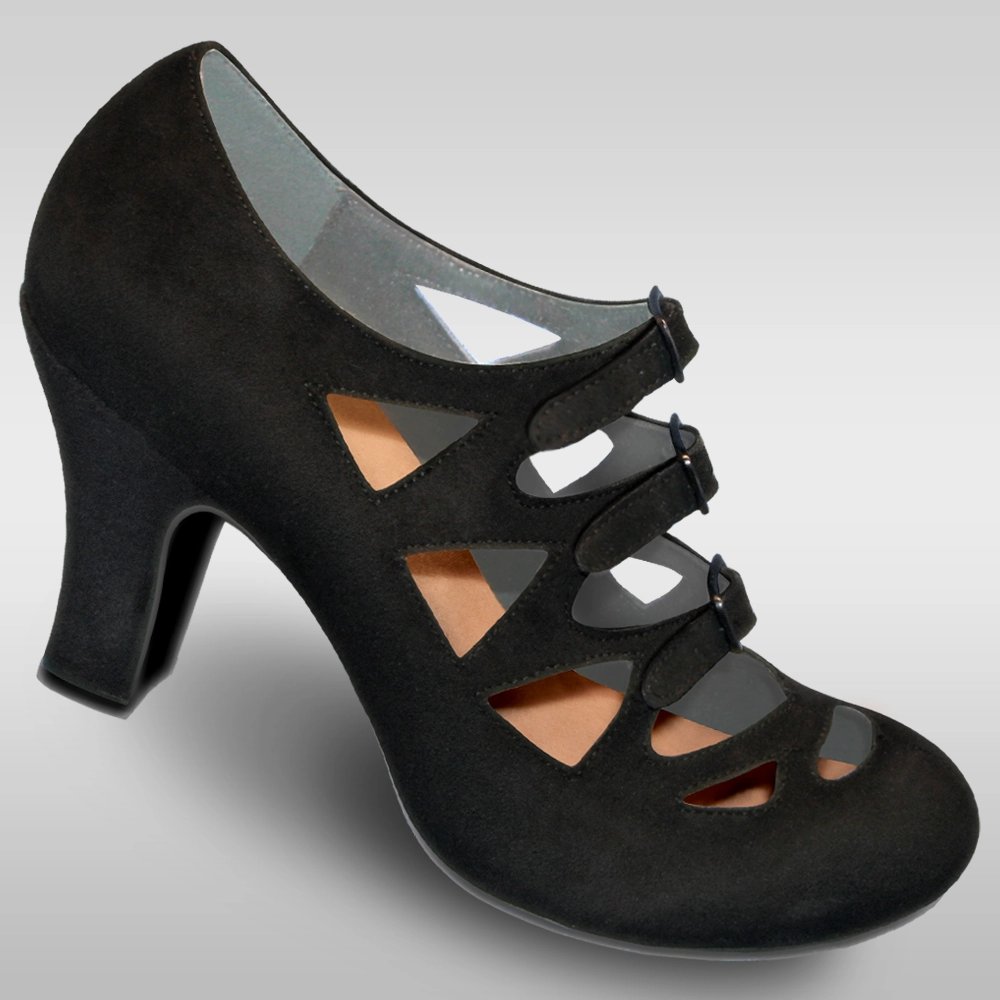 Aris Allen 1940s Black Velvet Criss-Cross 3-Buckle Burlesque Pump Gel Infused Heel Torsion Stability Plate