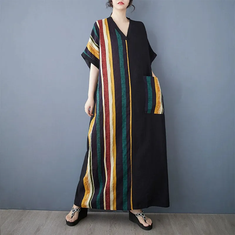 Crystal-Detail Women Summer Retro Cotton-Linen V-Neck Short-Sleeve Color-Block Maxi Dress