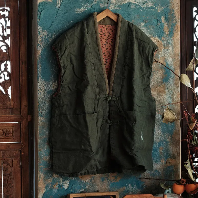 Women Green Distressed Color Block Padded Linen Vest Durable Fabric