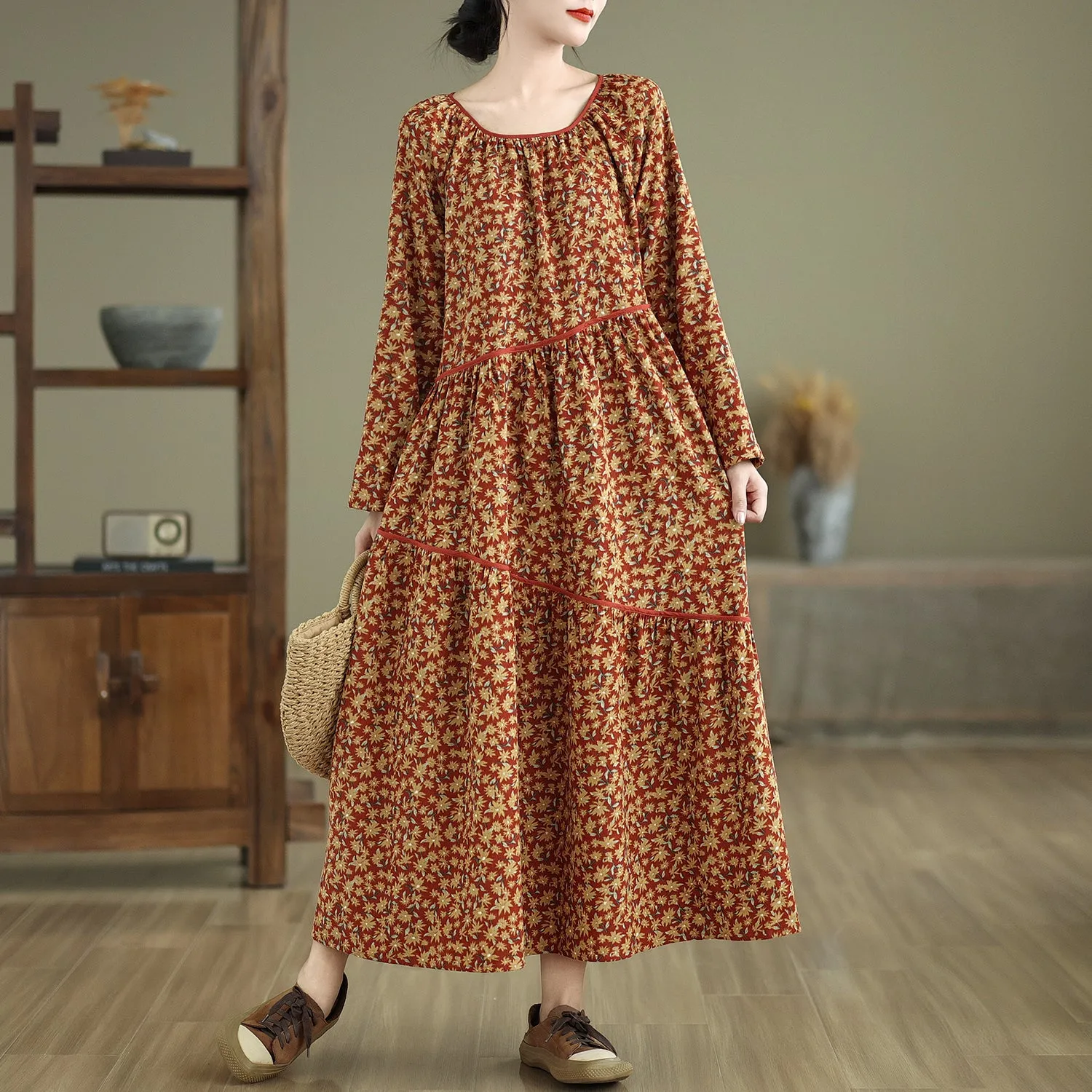 Sleek and Simple Babakud Women Autumn Retro Loose Cotton Corduroy Printed Dress