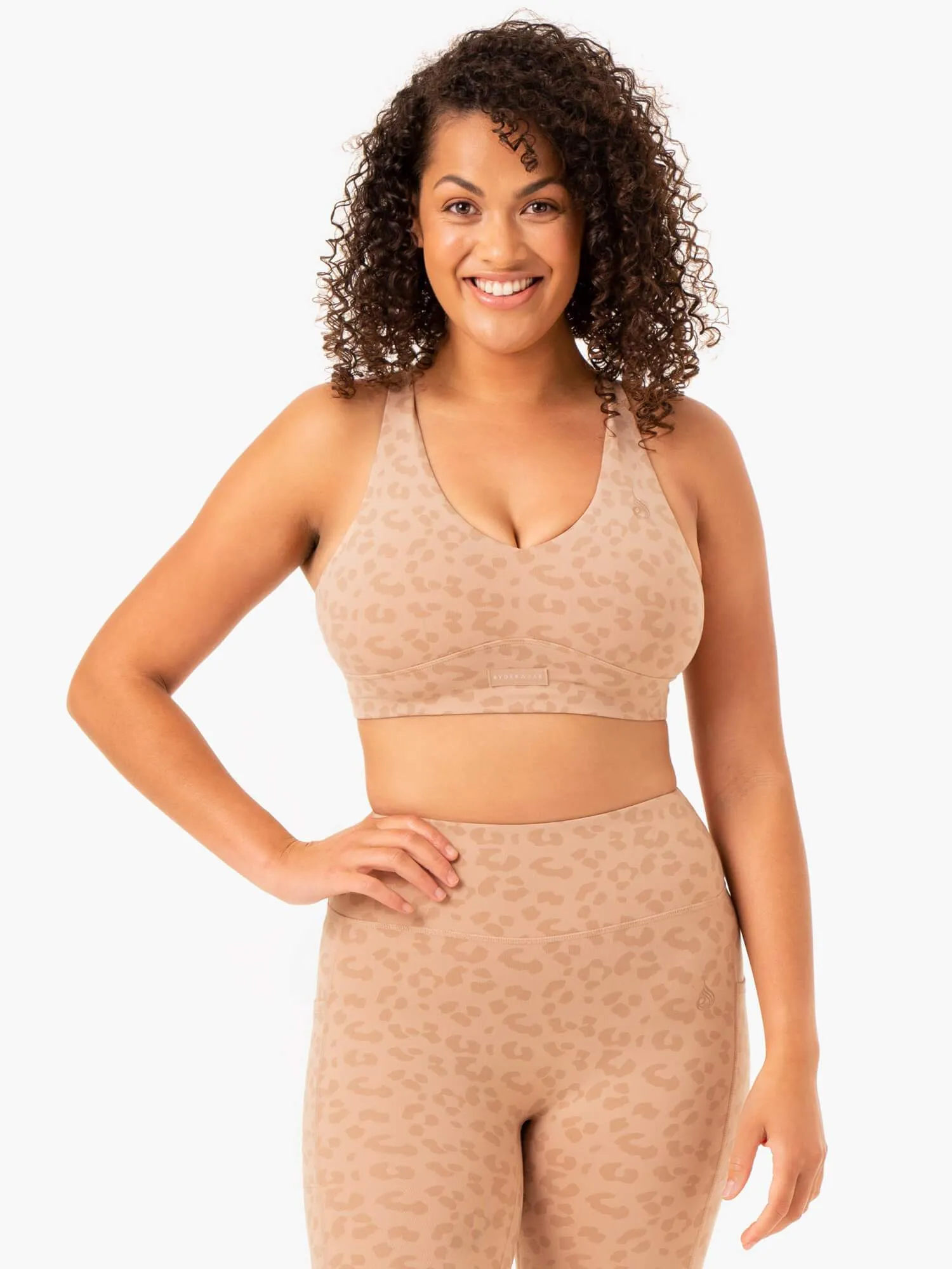 professional athletes Adaptive Stretch Fabric Ultra V-Neck Sports Bra - Tan Leopard