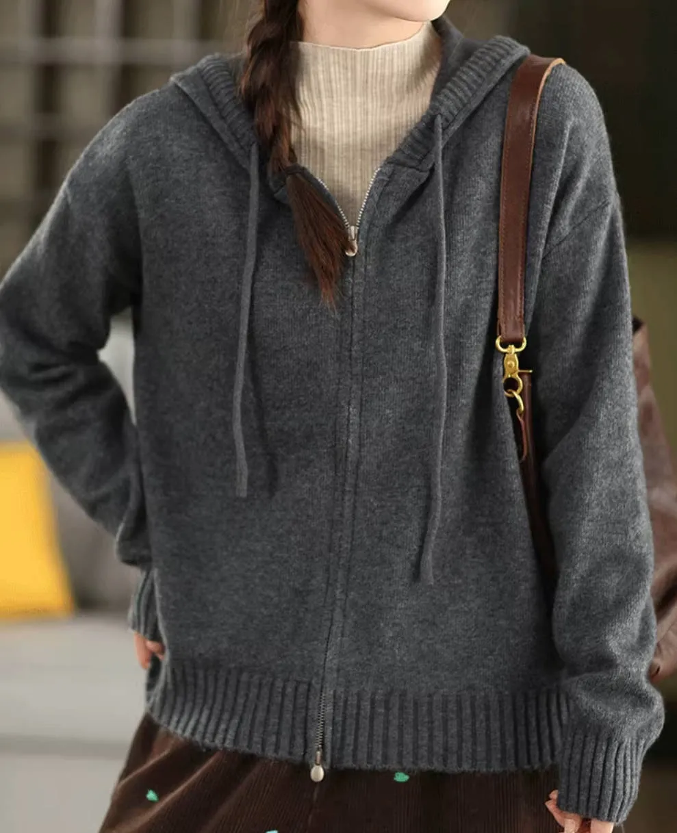 Retro Autumn Wool Knitted Warm Zipper Hoodies Outwear Top Eco-Friendly Fabric