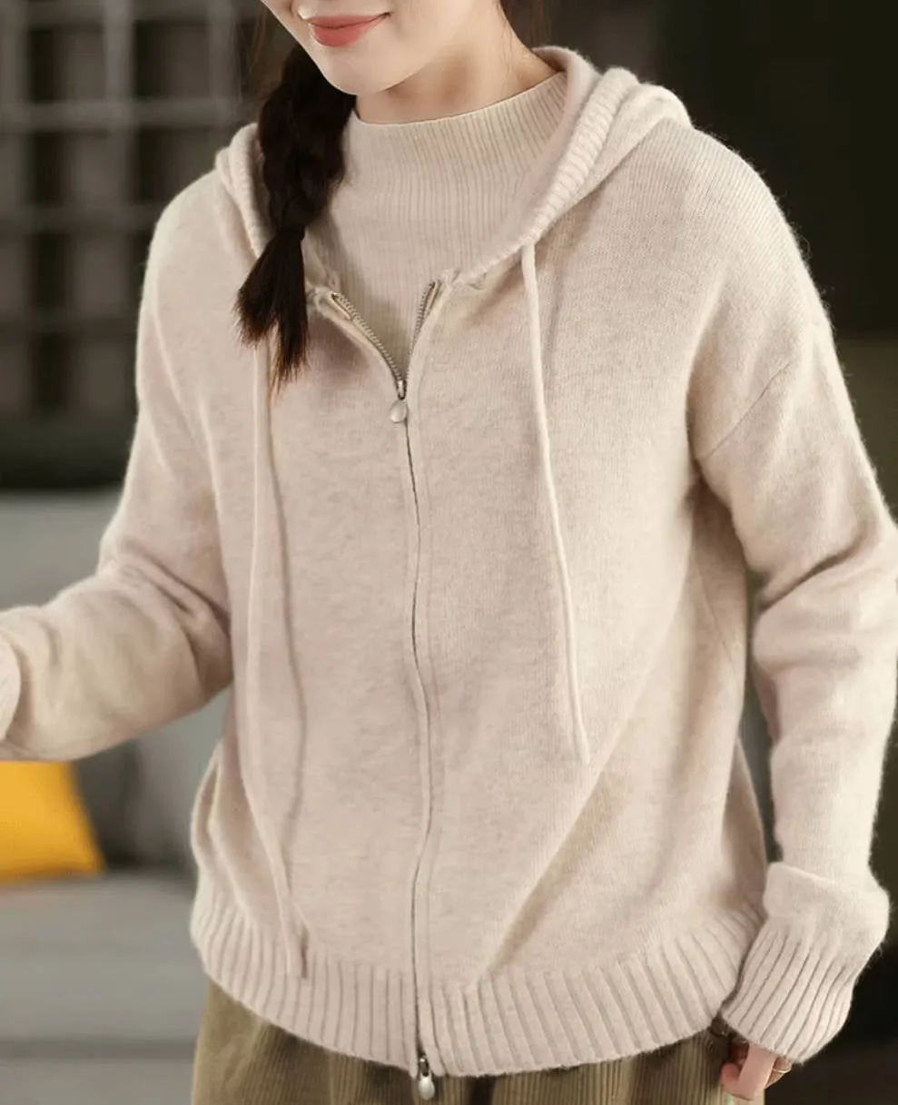 Chill Vibe Dual Pocket Configuration Retro Autumn Wool Knitted Warm Zipper Hoodies Outwear Top