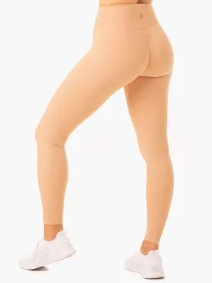 Serene Cross Over Scrunch Leggings - Tan Flexible Motion Fade Resistant Studio Practice