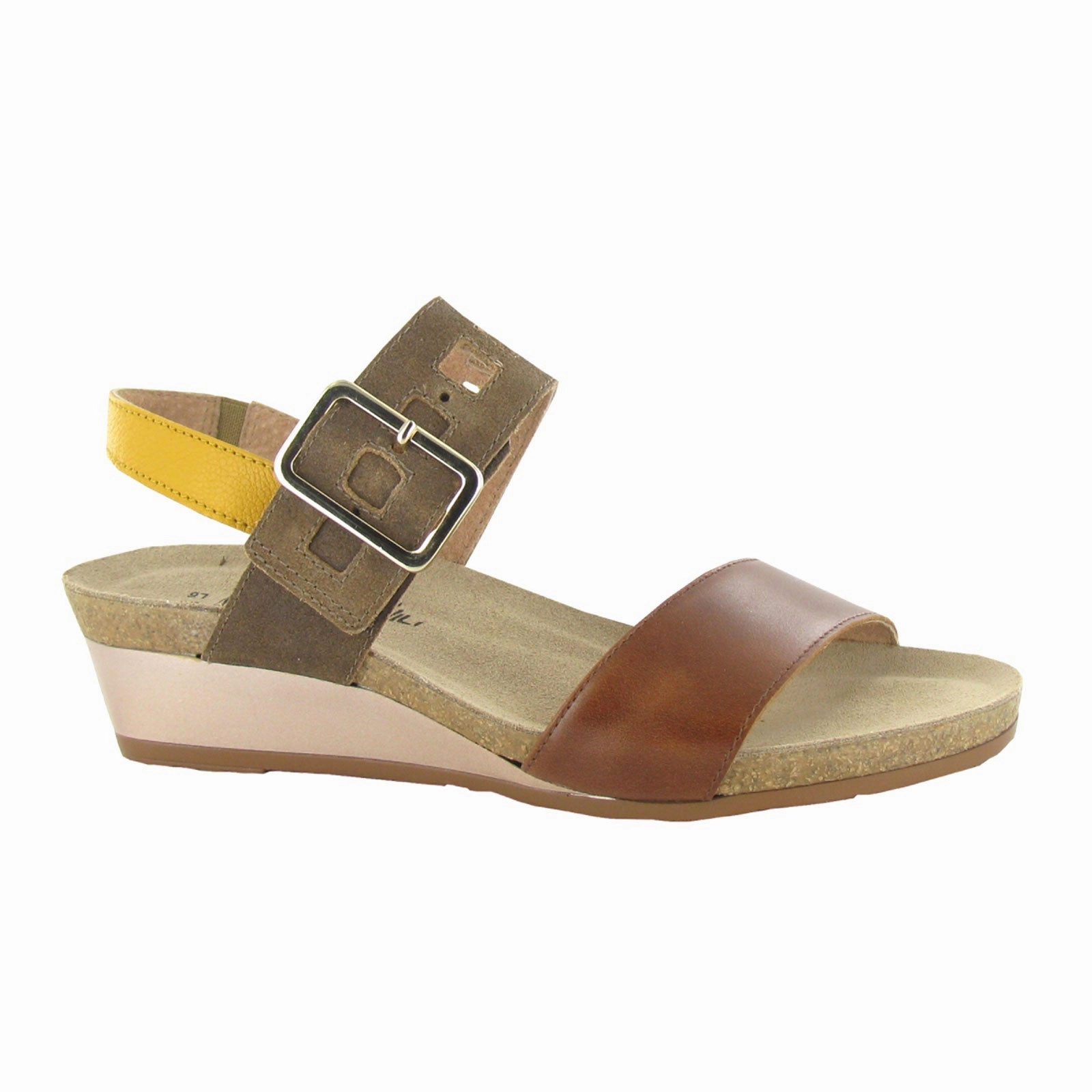 Instant Sandals Naot Dynasty Wedge Sandal (Women) - Maple Brown/Antique Brown/Marigold