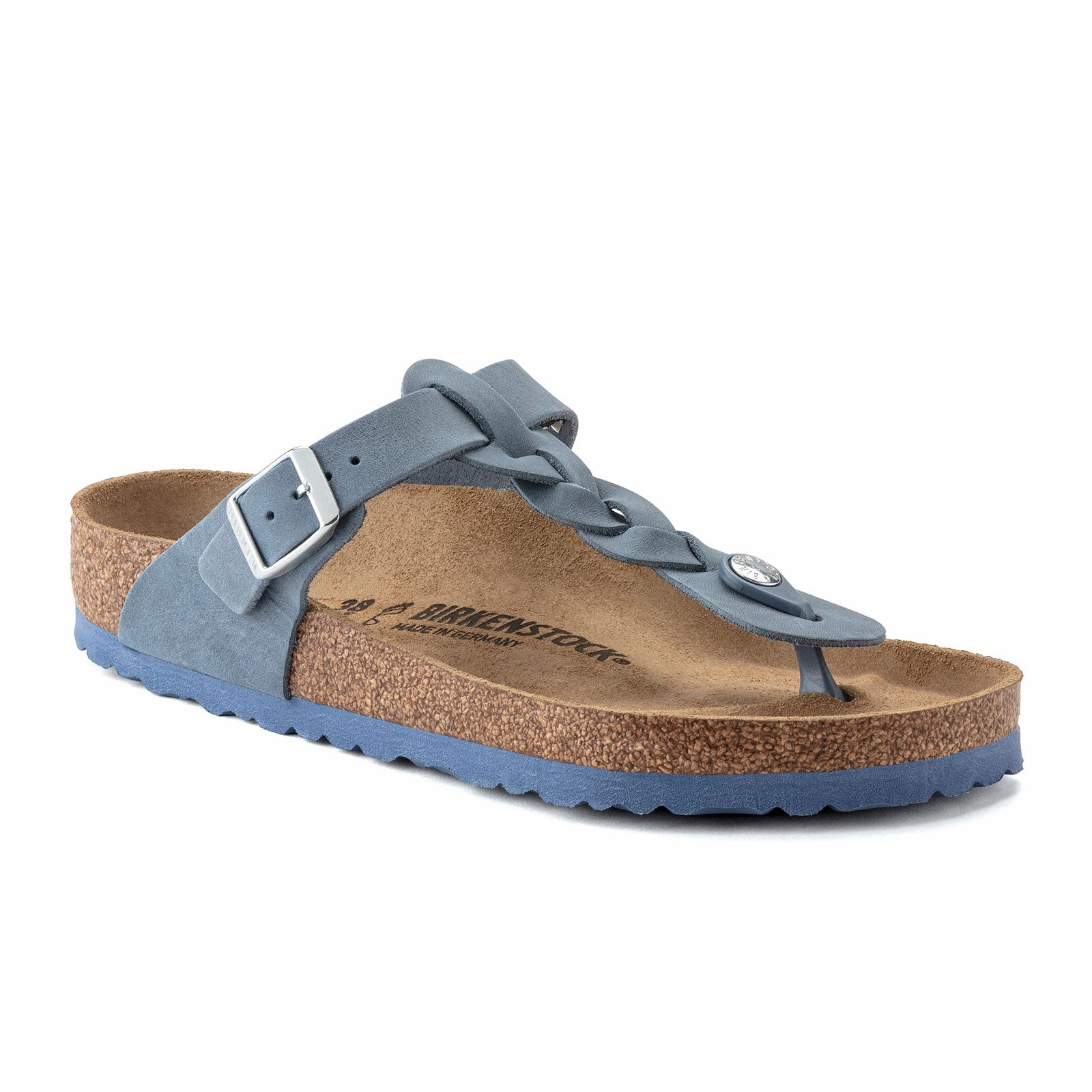 Birkenstock Gizeh Braid Sandal (Women) - Dusty Blue Oiled Leather Knit Upper Instant Sandal Step