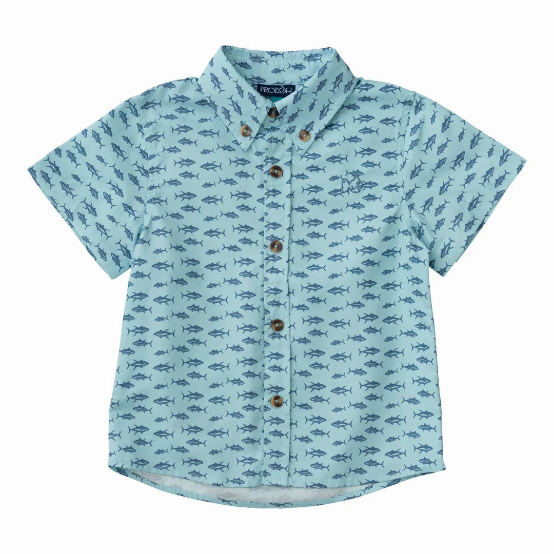 Short Sleeve Fishing Shirt - Aqua Tuna Print anti - static Embroidered