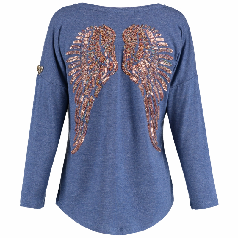 Pre - teen Childish Angel's Face Girls Long Sleeve Slouch Wings Sequin Top - Denim Blue