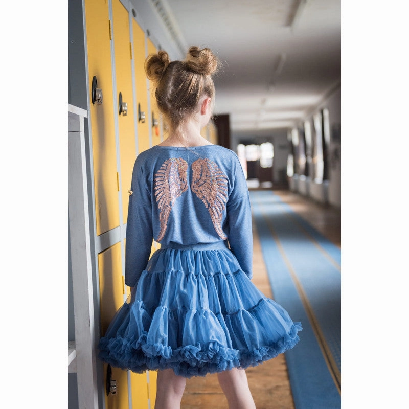 Warm kids' wear Tie dyed kids' clothes Angel's Face Girls Long Sleeve Slouch Wings Sequin Top - Denim Blue