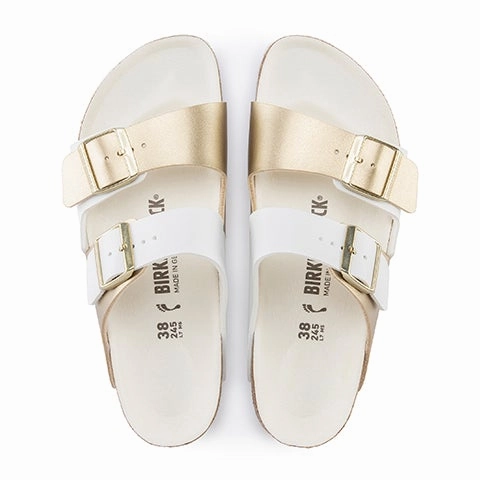 Slip Sandals Easy Sandals Birkenstock Arizona Split Slide Sandal (Women) - White/Gold Birko-Flor