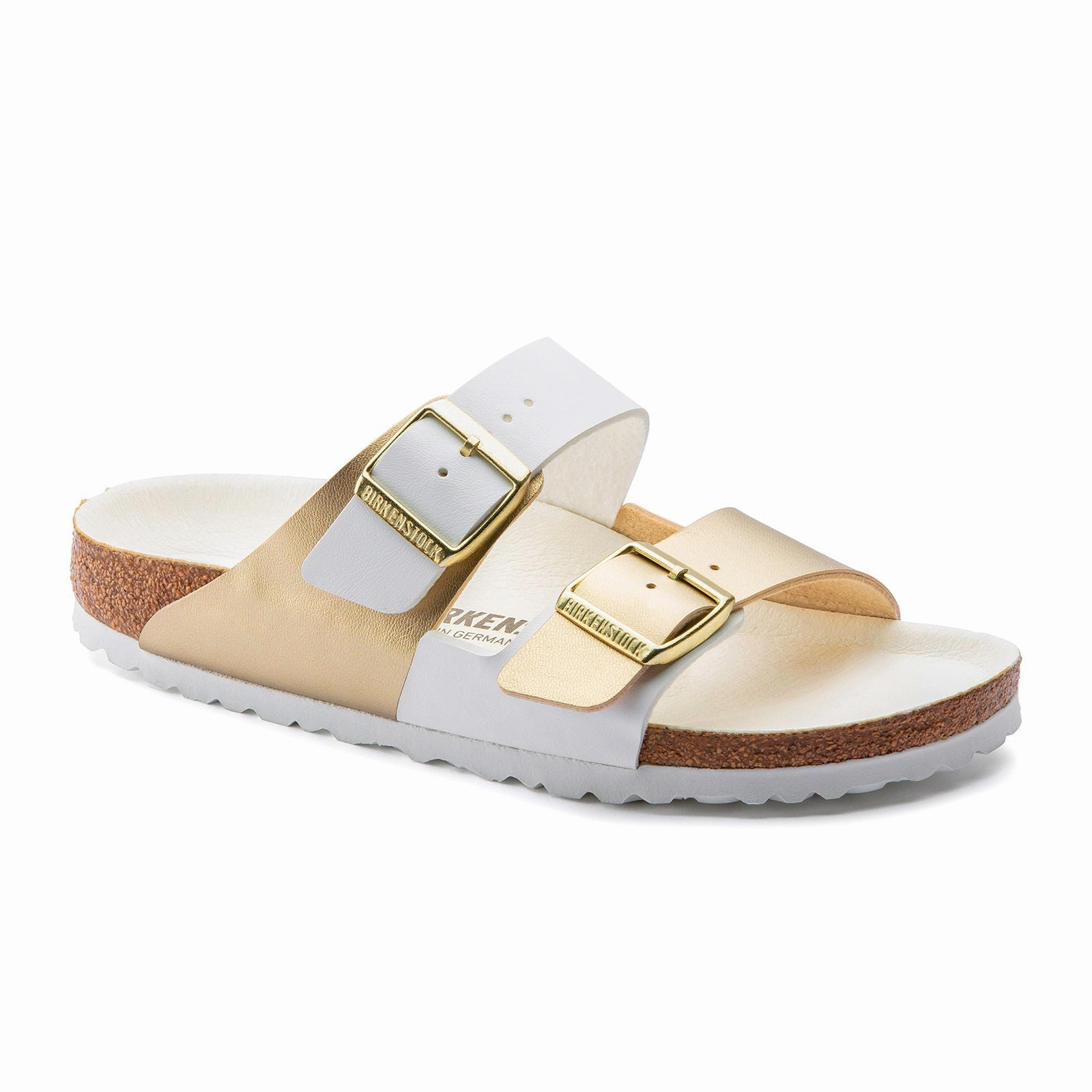 Birkenstock Arizona Split Slide Sandal (Women) - White/Gold Birko-Flor Cozy Travel Fit Soft Soles