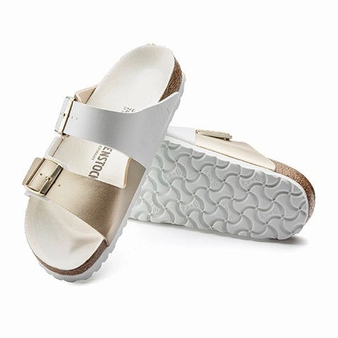 Non Irritating Seam Finish Birkenstock Arizona Split Slide Sandal (Women) - White/Gold Birko-Flor