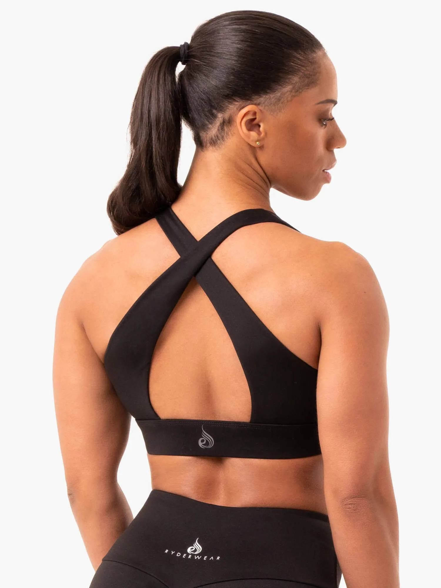 Front Zip Closure Staples Cross Over Sports Bra - Black