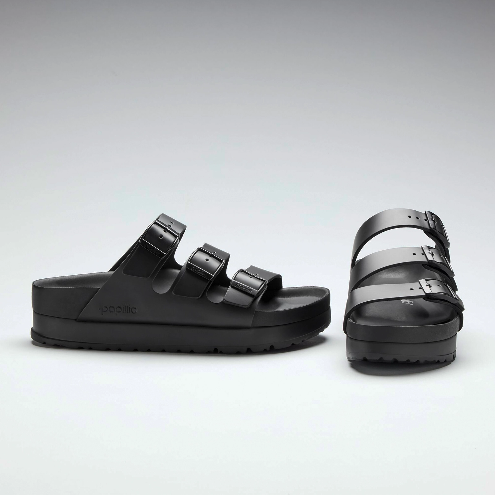 Birkenstock Florida III Exquisite Platform Slide Sandal (Women) - Black Leather Reinforced Soles
