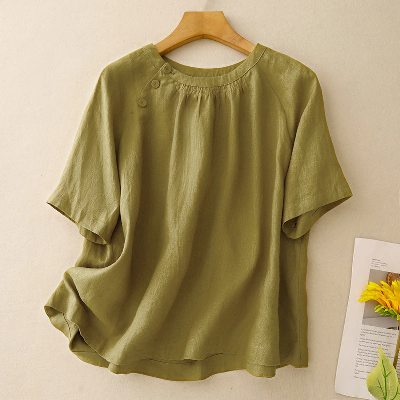 Subtle Embroidery Easy Layer Women Retro Summer Linen Casual Round Neck Green T-shirt