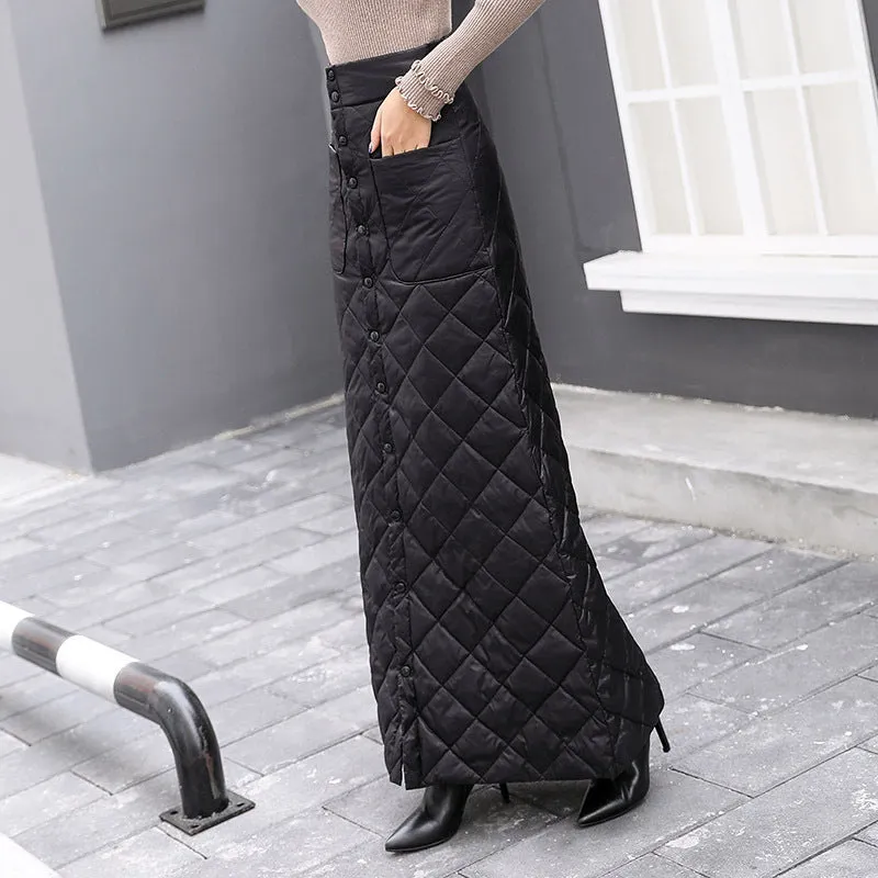 Thickened Warmth Quilted Button Down Pencil Skirts Durable Stitching