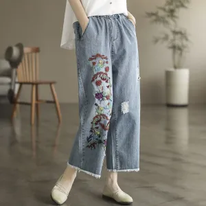 Babakud Women Autumn Art Floral Casual Denim Jeans Pants Everyday Comfort