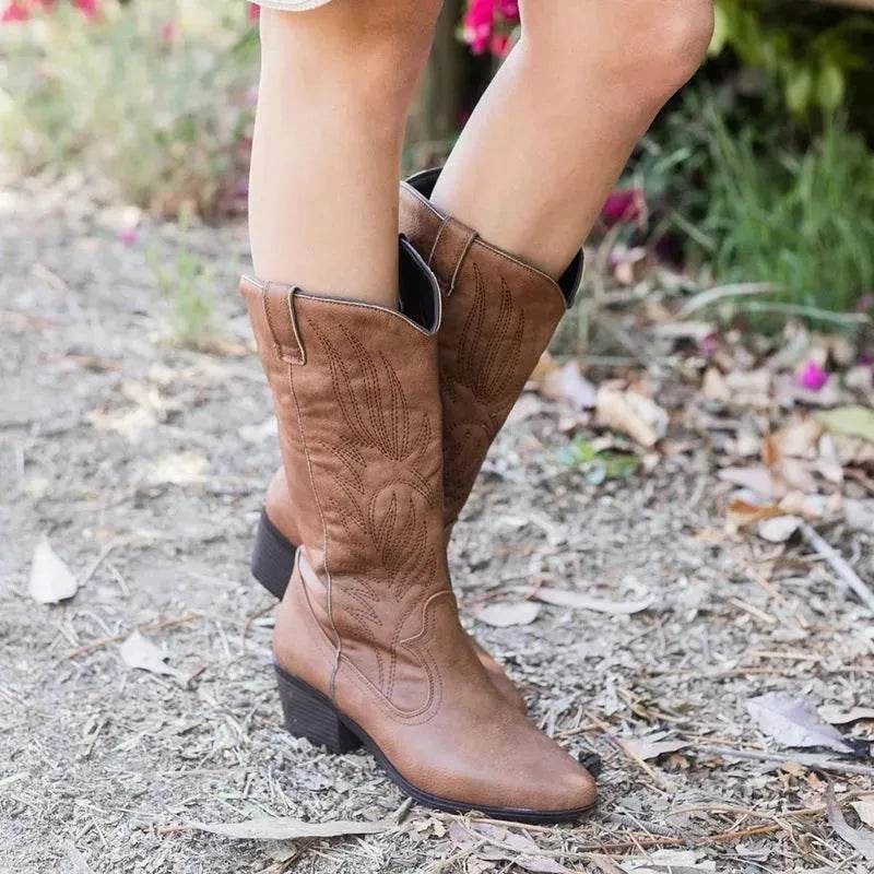 Black Western Cowboy Boots Pointed Toe Shoes Women trekking