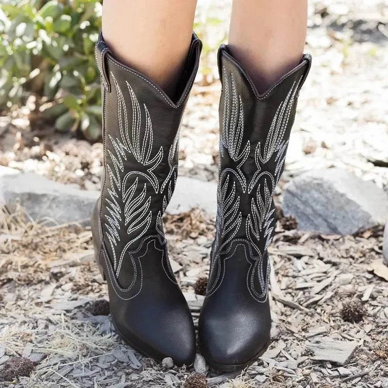 Black Western Cowboy Boots Pointed Toe Shoes Women Arctic Footwear Protection Cold Snap Footwear