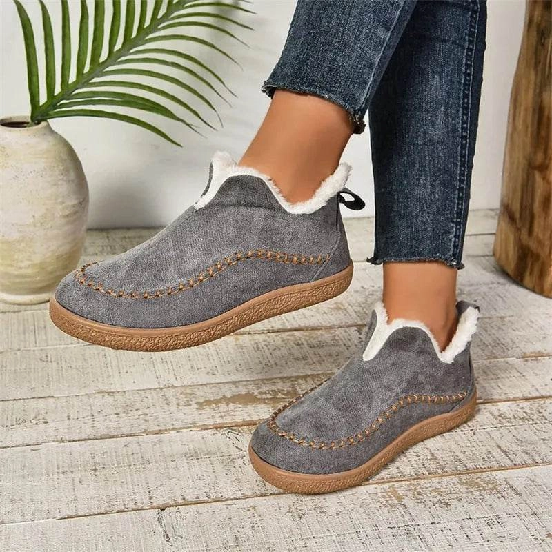 Fashion V-cut Plush Ankle Boots Winter Plus Velvet Flat Snow Boot Casual Warm Solid Suede Cotton Shoes For Women Snow Adventure Rugged Snow Thermal
