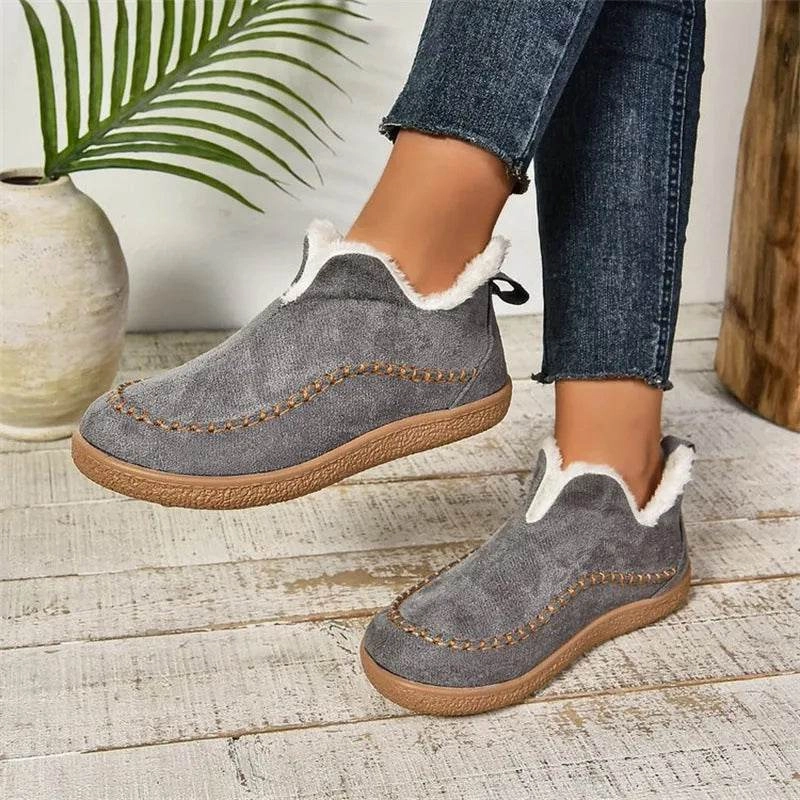 Fashion V-cut Plush Ankle Boots Winter Plus Velvet Flat Snow Boot Casual Warm Solid Suede Cotton Shoes For Women Snow Traction Boots Thermal Lining