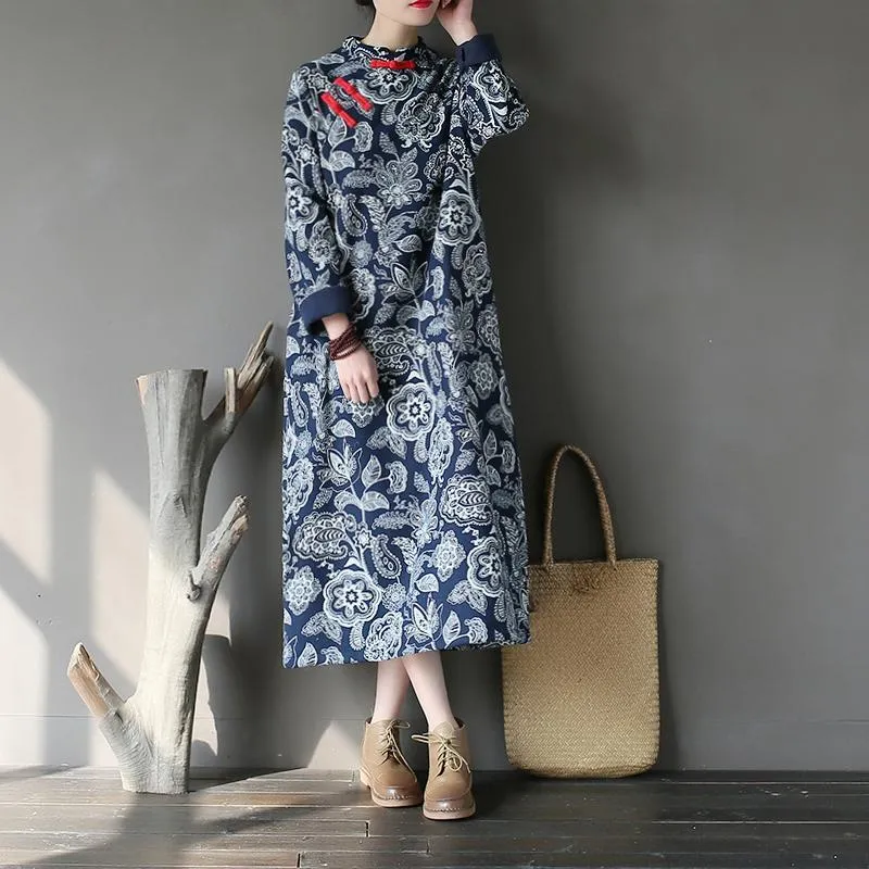Inner Feel Relaxed work dress Chinese Style Printed Cotton Linen Dresses