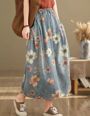 Flexible Waistband Summer Retro Floral Printed Casual Denim Skirt