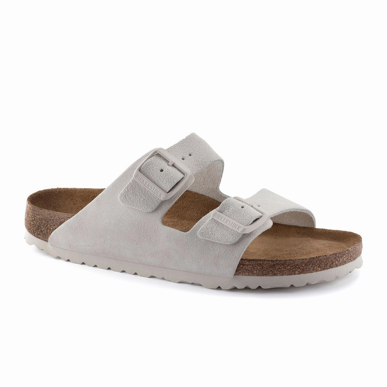 Poolside Vibes Stable Design Birkenstock Arizona Soft Footbed Slide Sandal (Unisex) - Antique White Suede