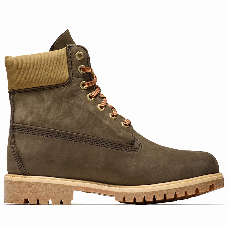 Low Heel Timberland Premium 6" Lace Up Waterproof Boot - Dark Brown/Nubuck Olive
