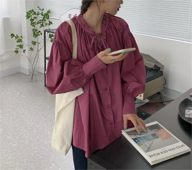 Graduation Attire Solid Gathered Back Ruffled Loose Linen Shirt