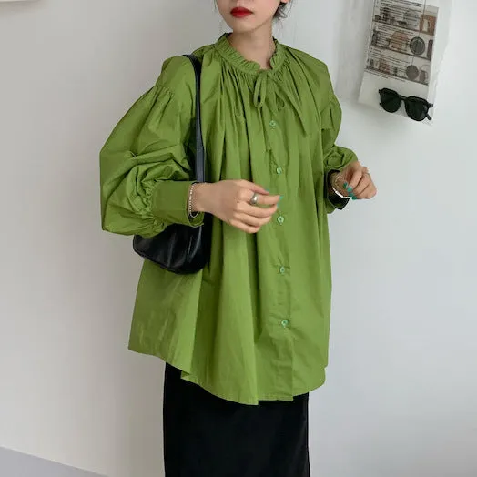 Solid Gathered Back Ruffled Loose Linen Shirt Lightweight Weave