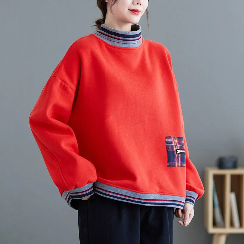 Relaxed Look Winter Cotton Patchwork High Neck Fleece Lined Warm Sweatshirt