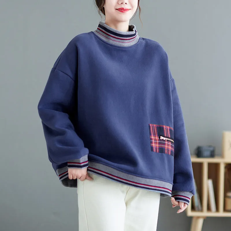 Winter Cotton Patchwork High Neck Fleece Lined Warm Sweatshirt Sporty Performance