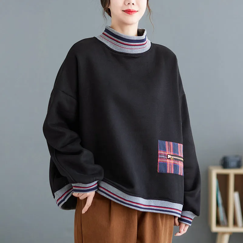 Stretch Knit Technology surfing clothes Winter Cotton Patchwork High Neck Fleece Lined Warm Sweatshirt
