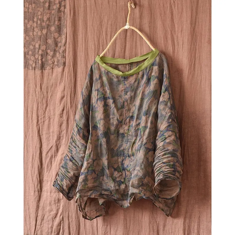 Spring Retro Floral Linen Loose Casual Blouse Simple Style Anti Pilling Treatment
