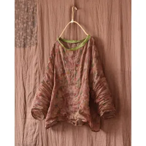 Spring Retro Floral Linen Loose Casual Blouse Functional Pocket Relaxed Style