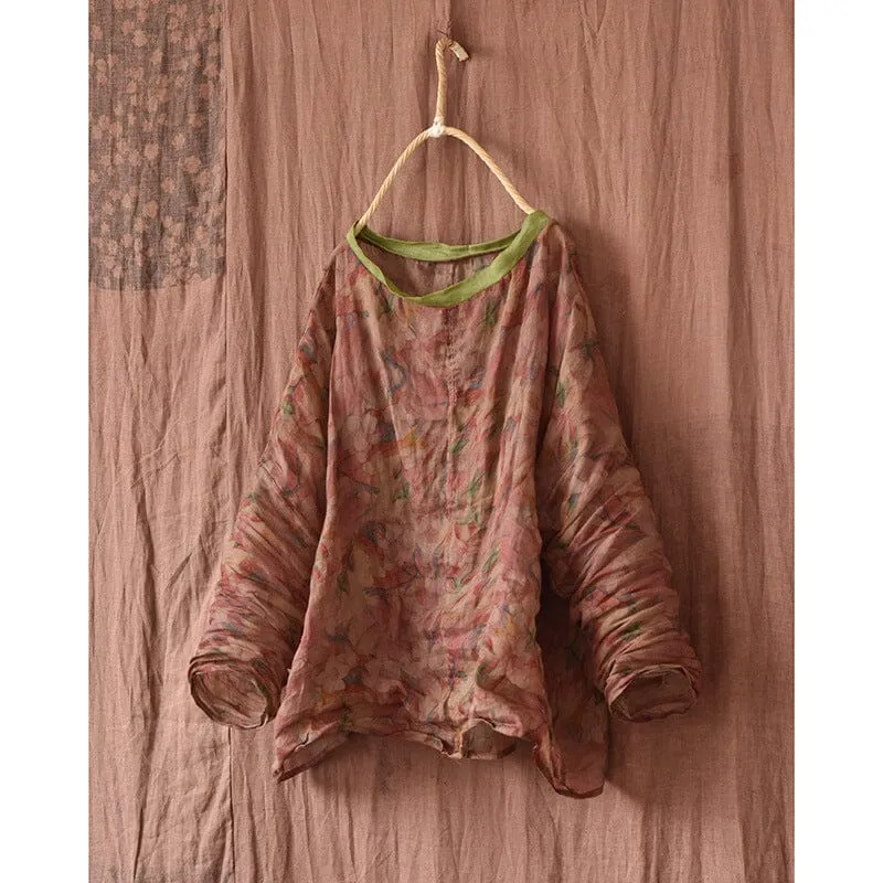 Spring Retro Floral Linen Loose Casual Blouse Functional Pocket Relaxed Style