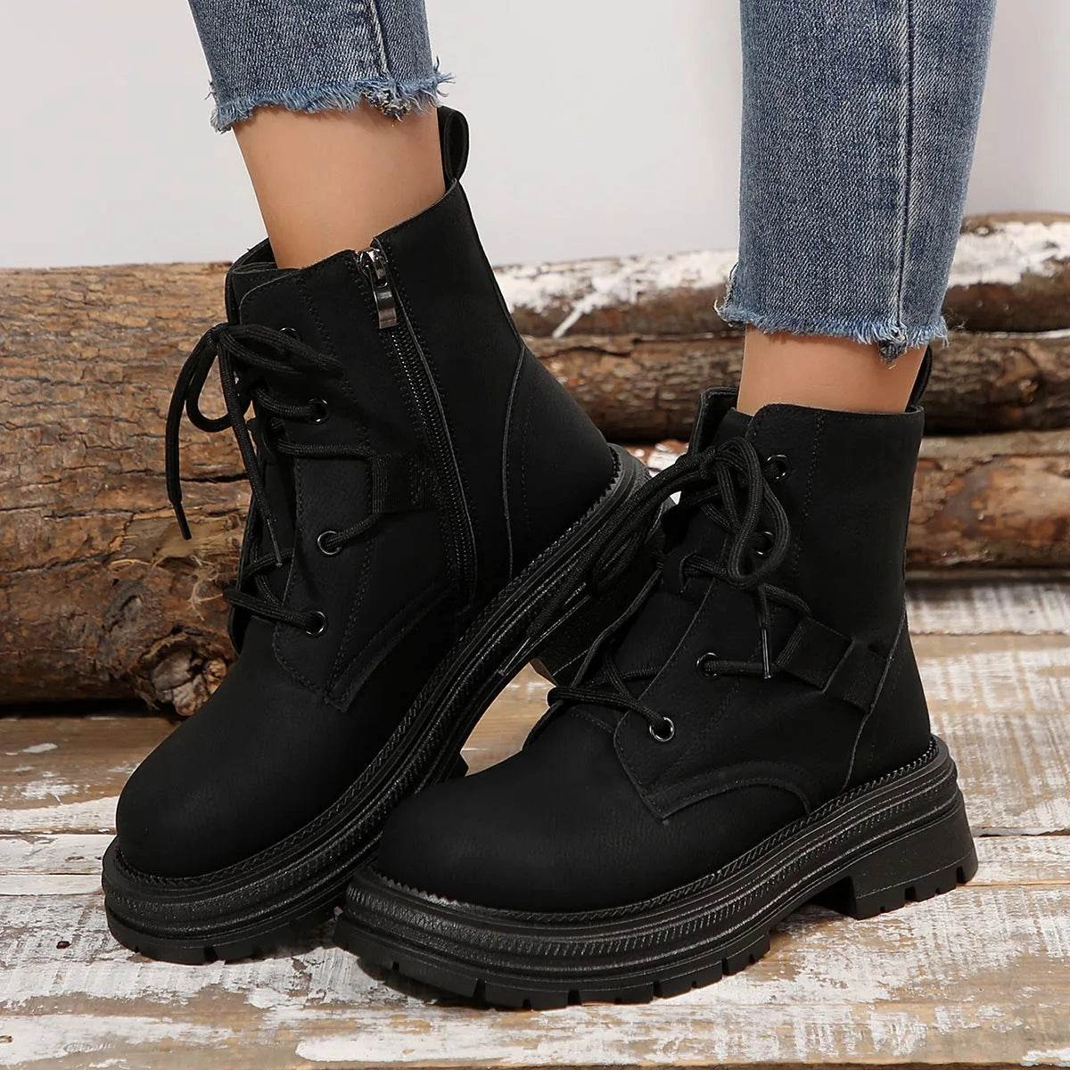 Windproof Style Cold Winter Comfort Square-heeled Lace-up Boots For Women Fall Winter All-match Slim Shoes Fashion Ankle Boot