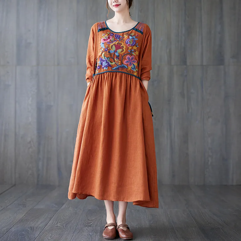 Babakud Women Autumn Retro Embroidery Cotton Linen Dress Easy Movement Sheer-Overlay