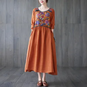 Babakud Women Autumn Retro Embroidery Cotton Linen Dress Easy Movement Sheer-Overlay