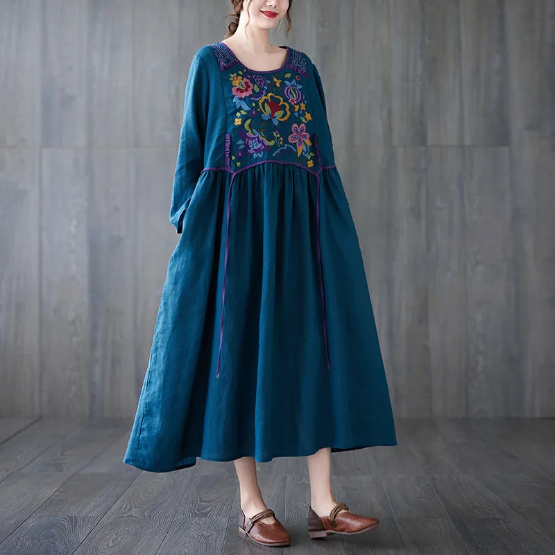 Cool Structure Applique-Detail Babakud Women Autumn Retro Embroidery Cotton Linen Dress