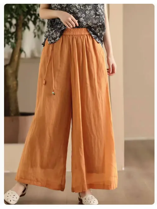 Babakud Women Summer Vintage Essential Ramie Wide-Leg Pants Durable Hemming Smart Layer